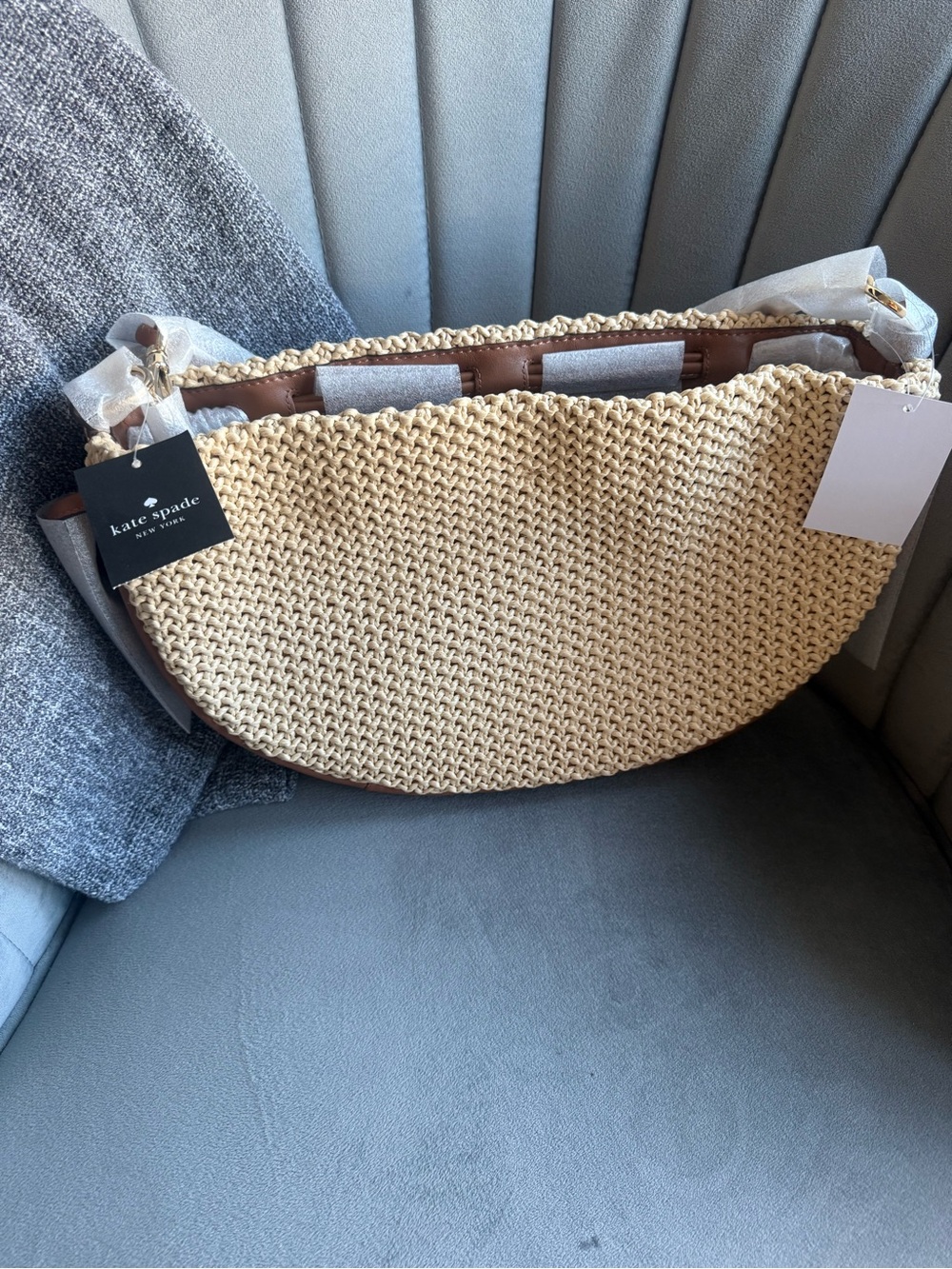 kate spade cream straw crescent shoulder bag with brown trim